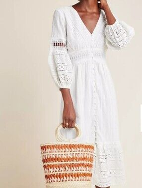 Anthropologie Ebba Eyelet Lace Cotton Midi Maxi Dress Ivory Boho Size 8